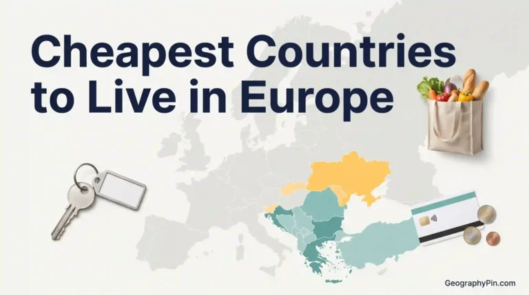 Europe map with apartment keys, groceries, a payment card, and euro coins illustrating the main costs of living in European countries.