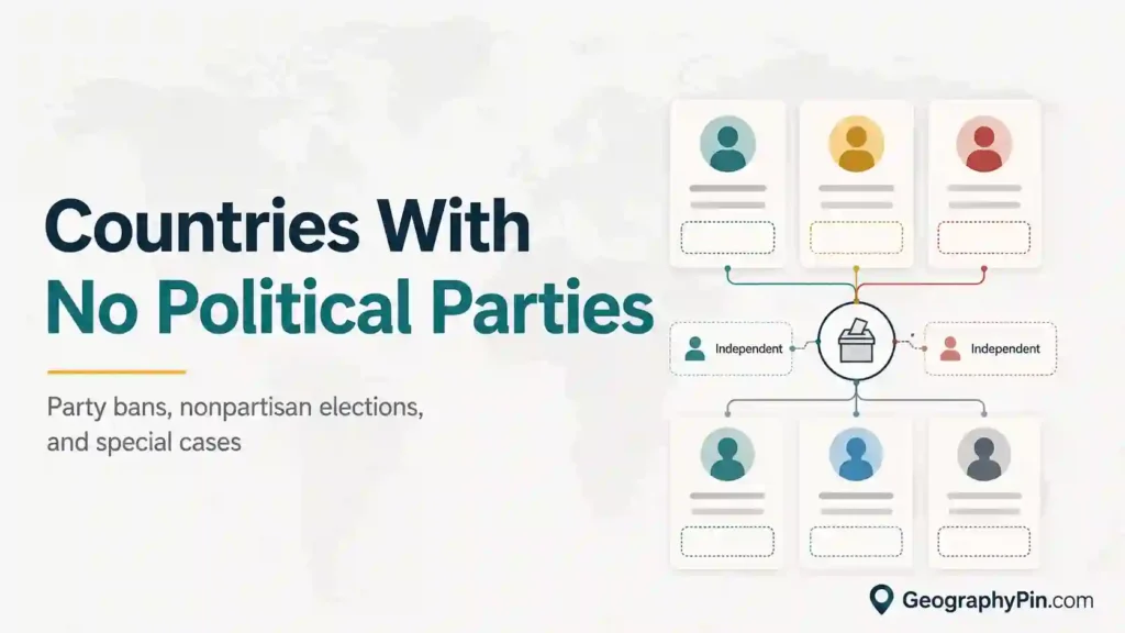 Editorial graphic for countries with no political parties, showing independent candidate cards over a faded world map.