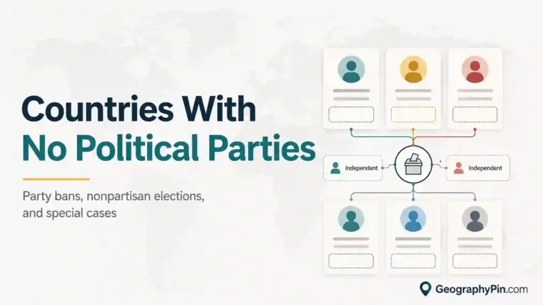 Editorial graphic for countries with no political parties, showing independent candidate cards over a faded world map.
