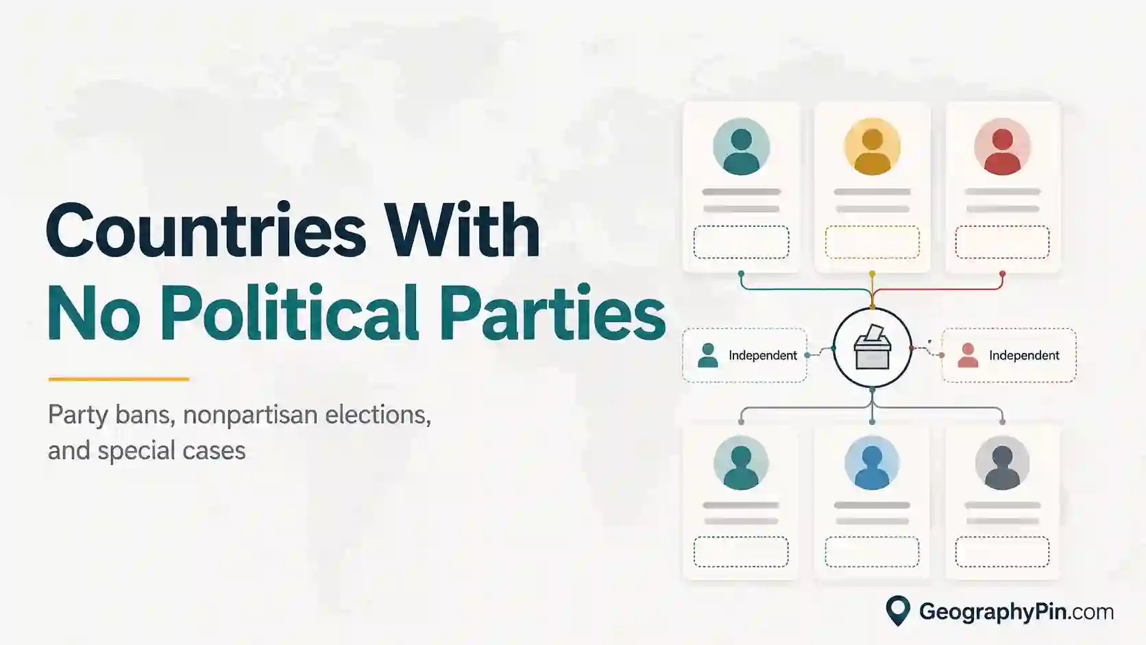 Editorial graphic for countries with no political parties, showing independent candidate cards over a faded world map.