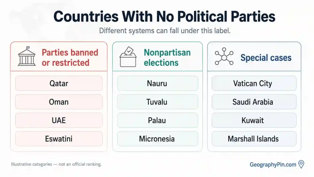 Infographic showing three types of no-party systems: parties banned or restricted, nonpartisan elections, and special cases.