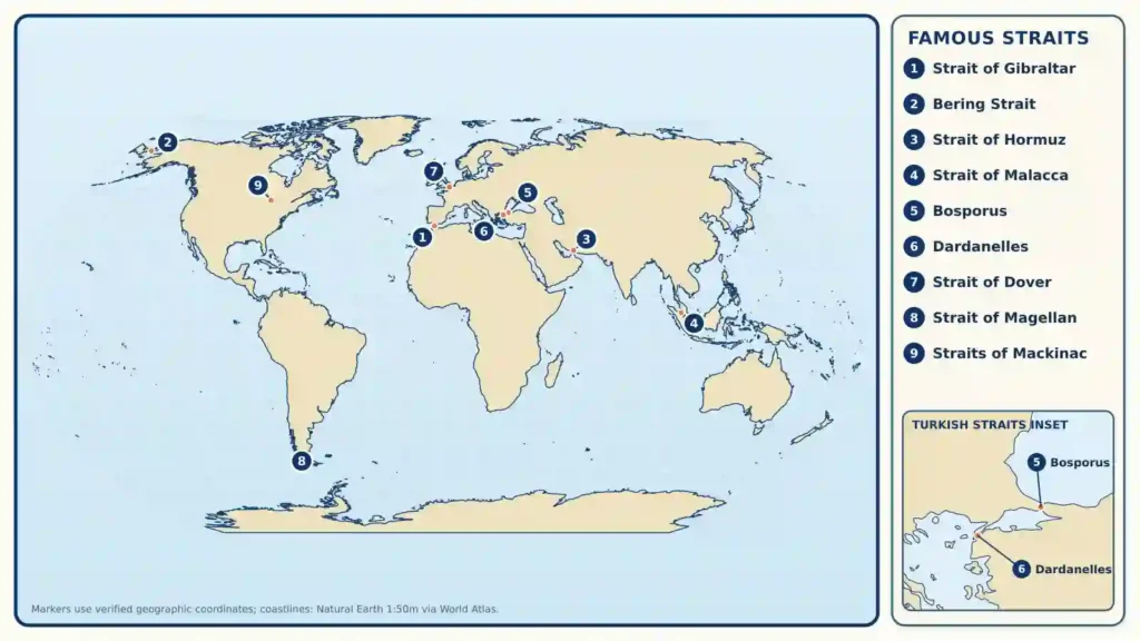 World map marking nine famous straits, with an inset locating the Bosporus and Dardanelles.