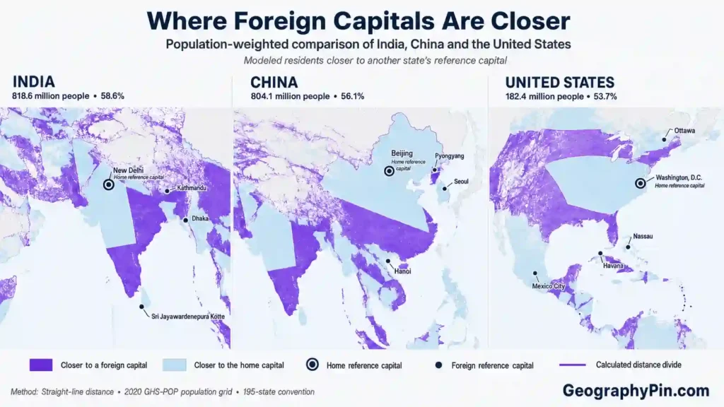 Maps comparing where residents of India, China and the United States are closer to foreign capitals than their home capitals.