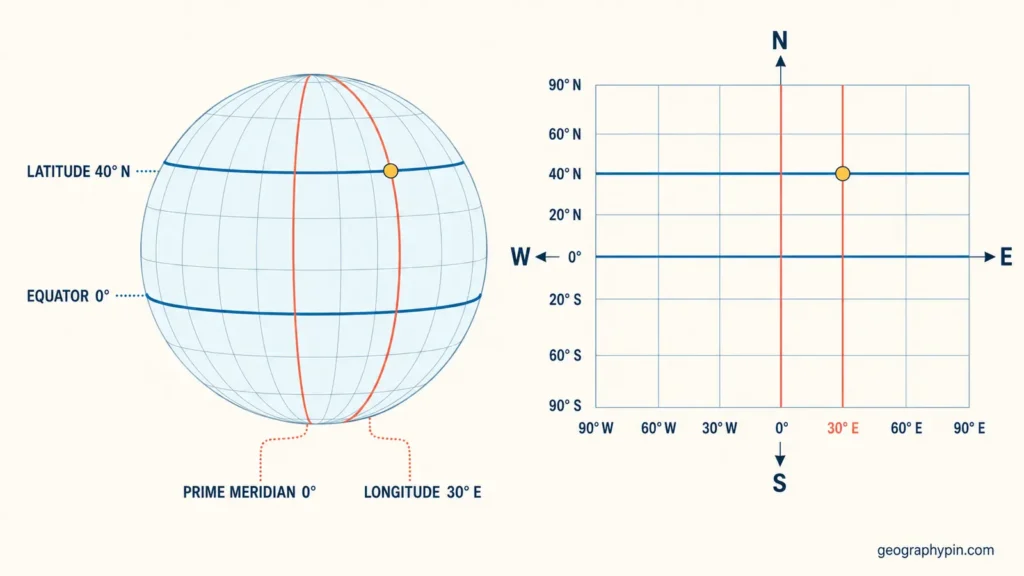 Globe and coordinate grid showing 40° N latitude and 30° E longitude intersecting at one point.