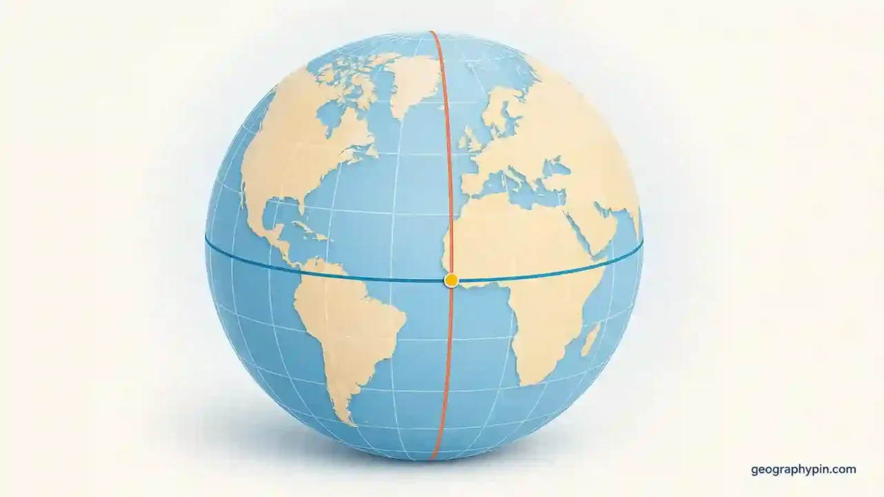 Globe with highlighted latitude and longitude lines intersecting at a marked coordinate point.