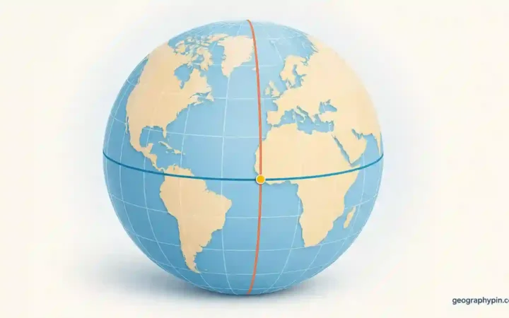 Globe with highlighted latitude and longitude lines intersecting at a marked coordinate point.
