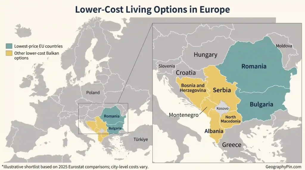 Map highlighting Bulgaria and Romania as the lowest-price EU countries, with Albania, Bosnia and Herzegovina, Montenegro, North Macedonia, and Serbia shown as other lower-cost Balkan options.
