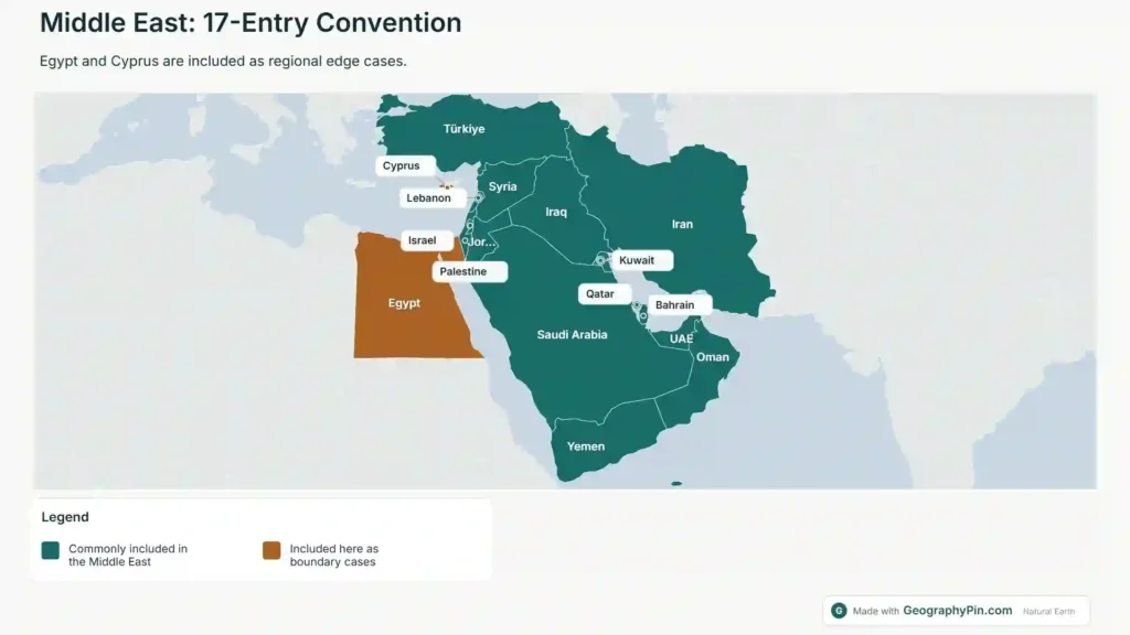 Middle East map showing 17 included countries and states, with Egypt and Cyprus marked as regional edge cases.