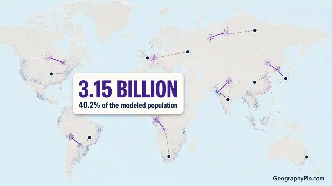 Conceptual world map illustrating the estimate that 3.15 billion people live closer to a foreign capital than their own.