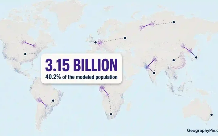 Conceptual world map illustrating the estimate that 3.15 billion people live closer to a foreign capital than their own.