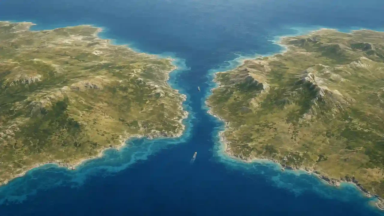 Conceptual aerial view of a narrow strait connecting two larger bodies of water between two land areas.