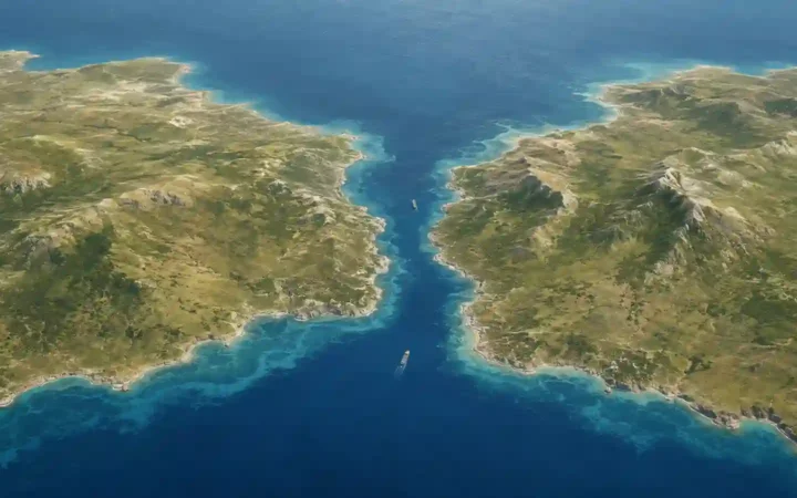 Conceptual aerial view of a narrow strait connecting two larger bodies of water between two land areas.