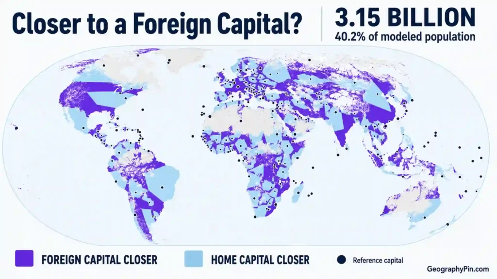 World population map showing where another state’s capital is closer than the home-state capital.