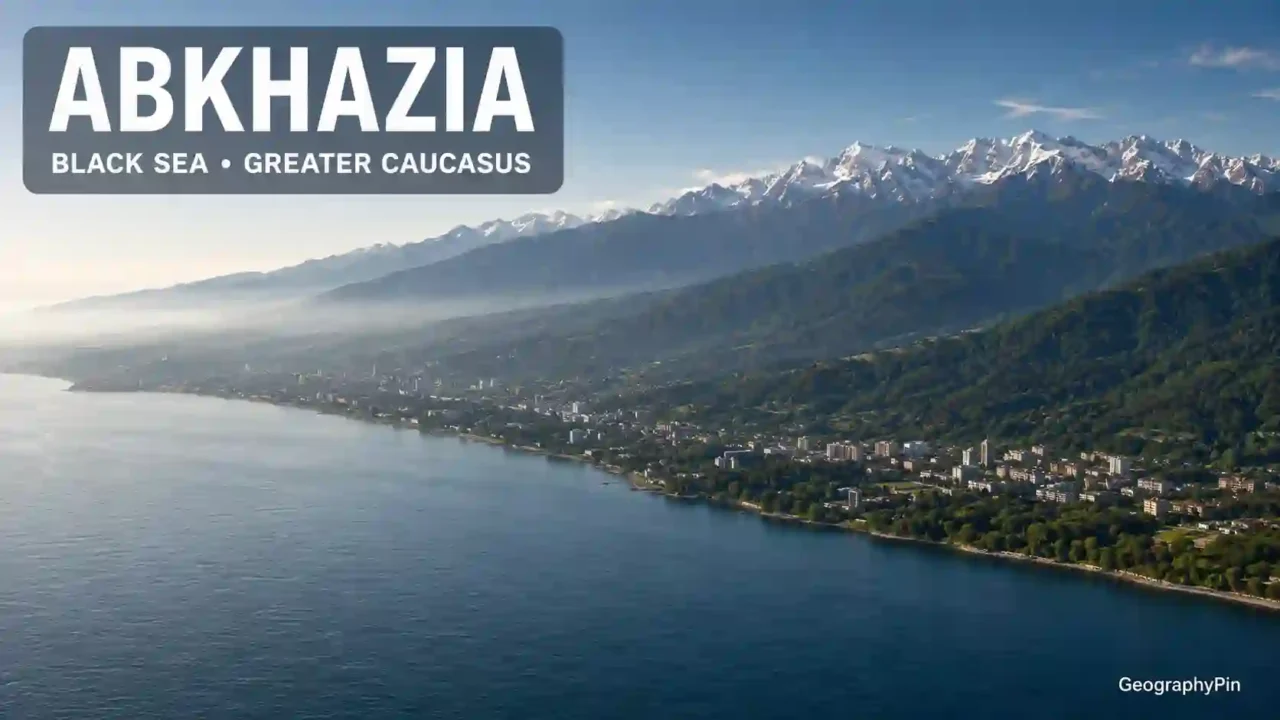 Illustrated aerial view of Abkhazia’s Black Sea coast below the snow-covered Greater Caucasus.
