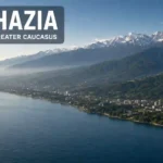 Illustrated aerial view of Abkhazia’s Black Sea coast below the snow-covered Greater Caucasus.
