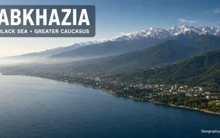 Illustrated aerial view of Abkhazia’s Black Sea coast below the snow-covered Greater Caucasus.