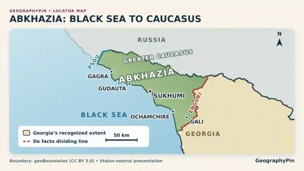 Map of Abkhazia on Georgia’s Black Sea coast showing Russia, the Greater Caucasus, Sukhumi, selected towns, the Psou, Enguri and de facto dividing line.