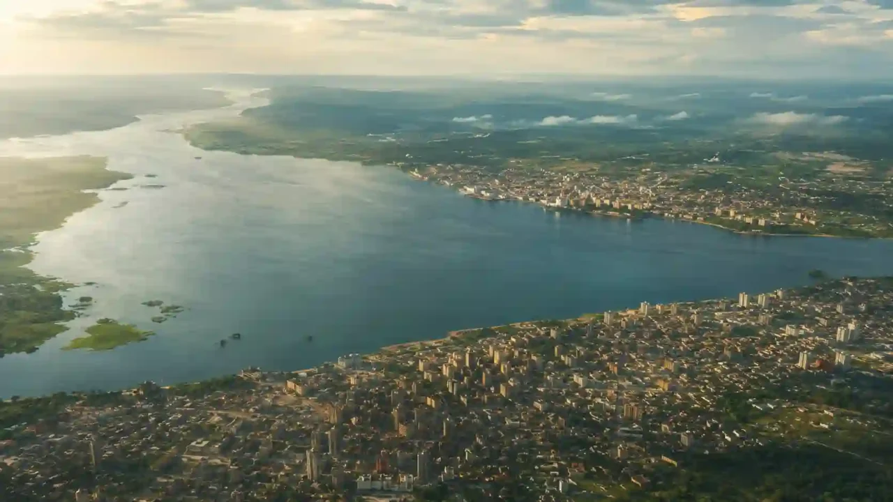 Editorial aerial illustration of Pool Malebo, with Kinshasa and Brazzaville on opposite banks of the Congo River.