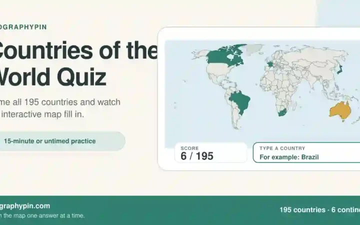 Countries of the World Quiz showing a world map, country answer field, and score counter
