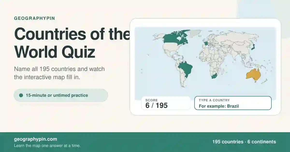 Countries of the World Quiz showing a world map, country answer field, and score counter