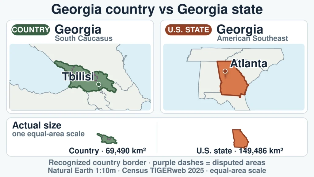 Comparison map locating Georgia the country in the South Caucasus and Georgia the U.S. state in the American Southeast, with Tbilisi and Atlanta marked and both outlines shown at the same scale.