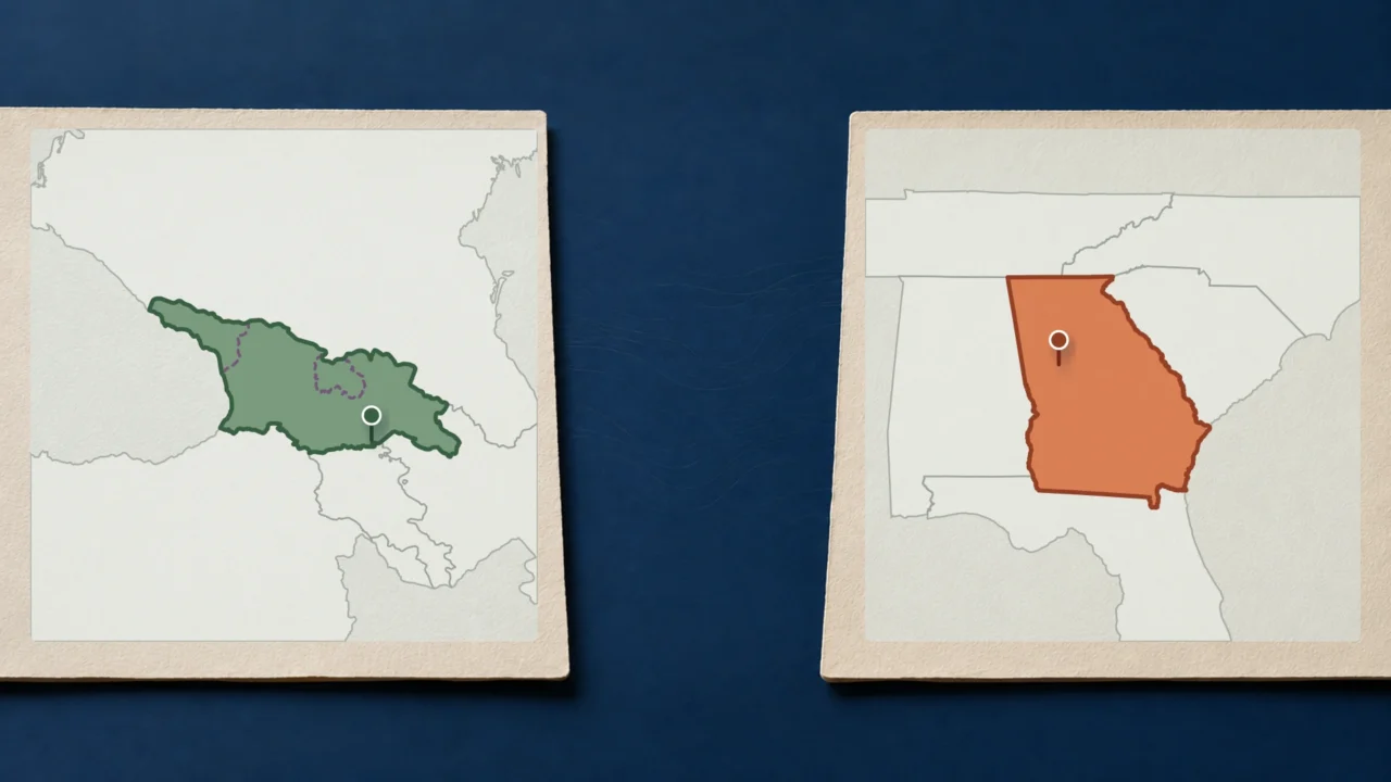 Side-by-side maps highlighting Georgia the country in green and the U.S. state of Georgia in orange, with their capitals marked.
