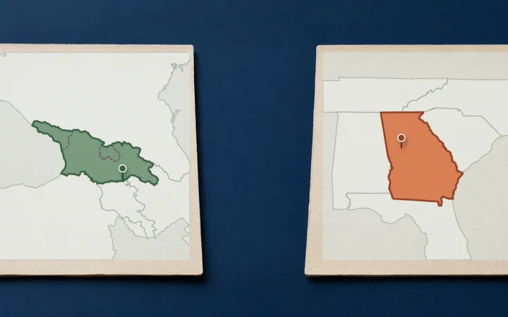 Side-by-side maps highlighting Georgia the country in green and the U.S. state of Georgia in orange, with their capitals marked.