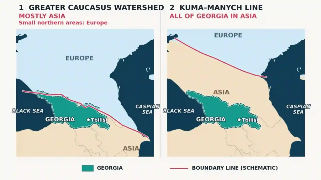 Two maps compare the Greater Caucasus and Kuma–Manych boundaries, placing Georgia mostly in Asia under the first and entirely in Asia under the second.