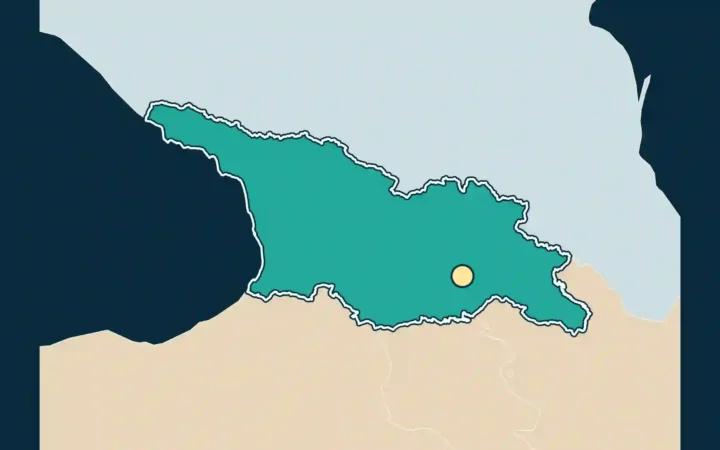 Georgia highlighted on a map of the South Caucasus, with Tbilisi marked by a yellow dot.
