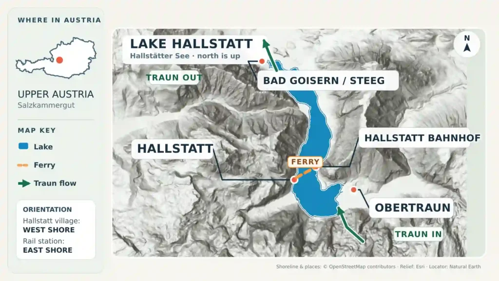 Map of Lake Hallstatt showing Hallstatt, Hallstatt Bahnhof, Obertraun, Bad Goisern and Steeg, the ferry crossing, and the Traun’s flow.