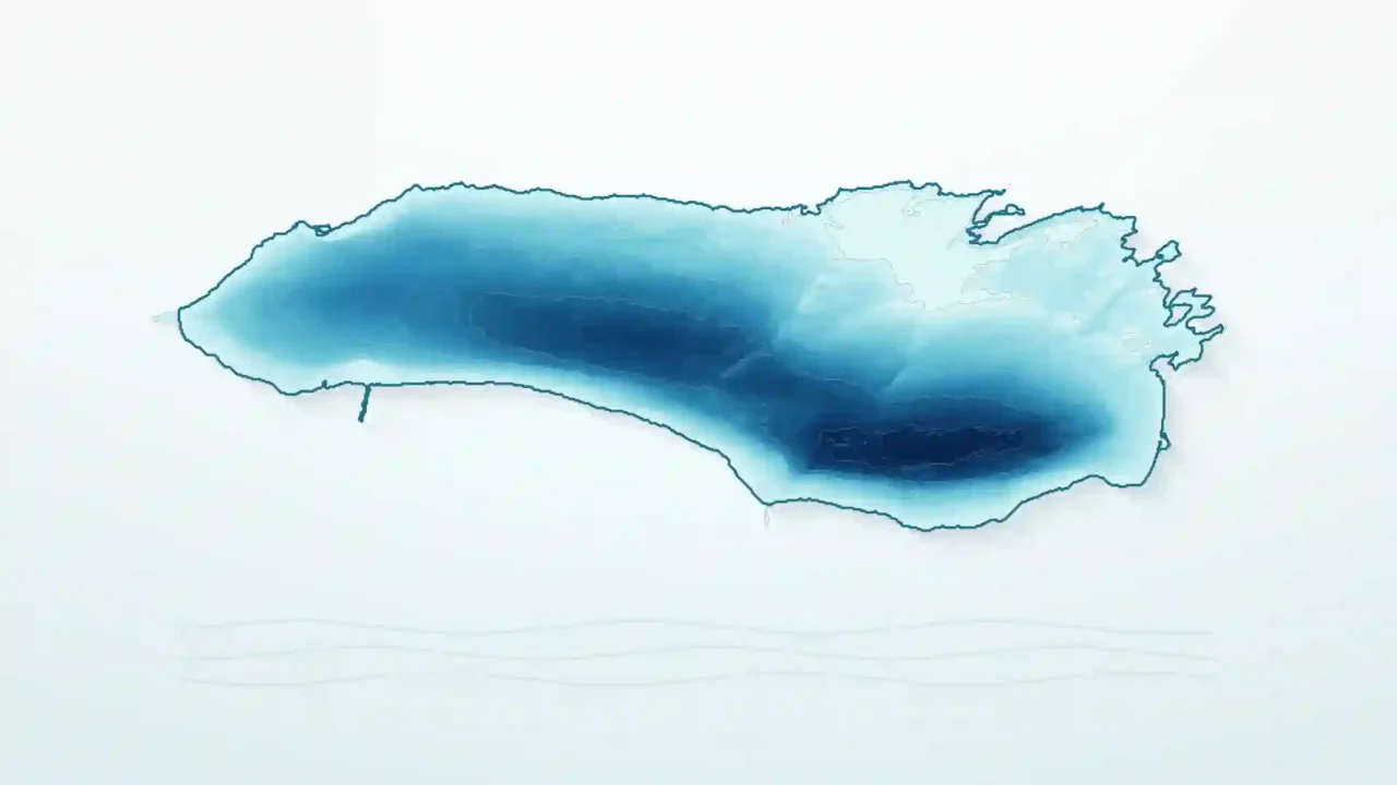Text-free blue bathymetric silhouette of Lake Ontario on a pale background with subtle water-wave lines.
