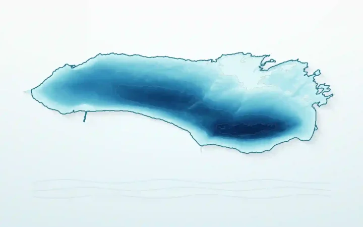 Text-free blue bathymetric silhouette of Lake Ontario on a pale background with subtle water-wave lines.