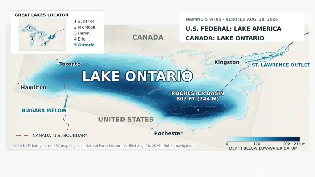 Bathymetric map of Lake Ontario showing the Canada–United States boundary, Niagara River inflow, St. Lawrence River outlet, Rochester Basin and Great Lakes locator.