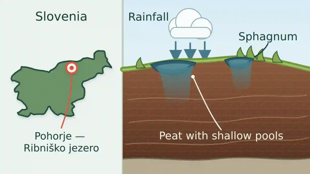 Locator map of Ribniško jezero in Slovenia beside a cutaway showing rain-fed pools, sphagnum and accumulated peat in a raised bog.