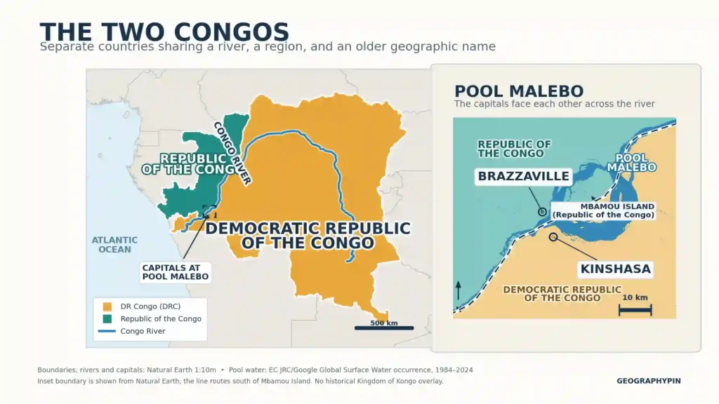 Map comparing the Republic of the Congo and the Democratic Republic of the Congo, with Brazzaville and Kinshasa facing each other across the Congo River.