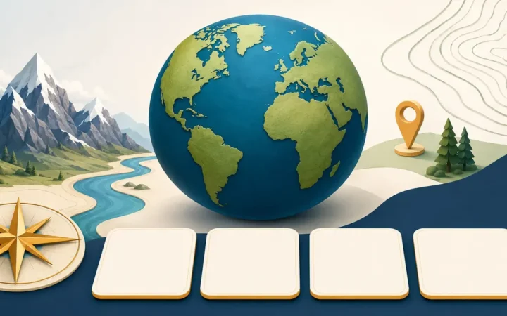 Illustrated globe with mountains, a river, compass, map pin and blank quiz answer cards