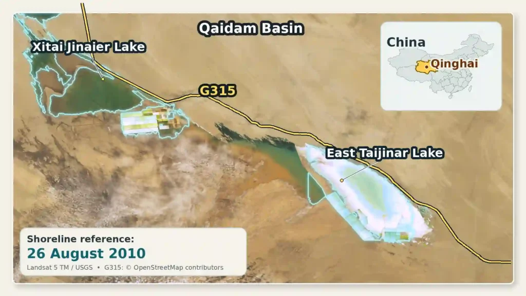 Map locating Xitai Jinaier Lake and G315 in Qinghai’s Qaidam Basin, with East Taijinar Lake and an August 2010 shoreline reference.