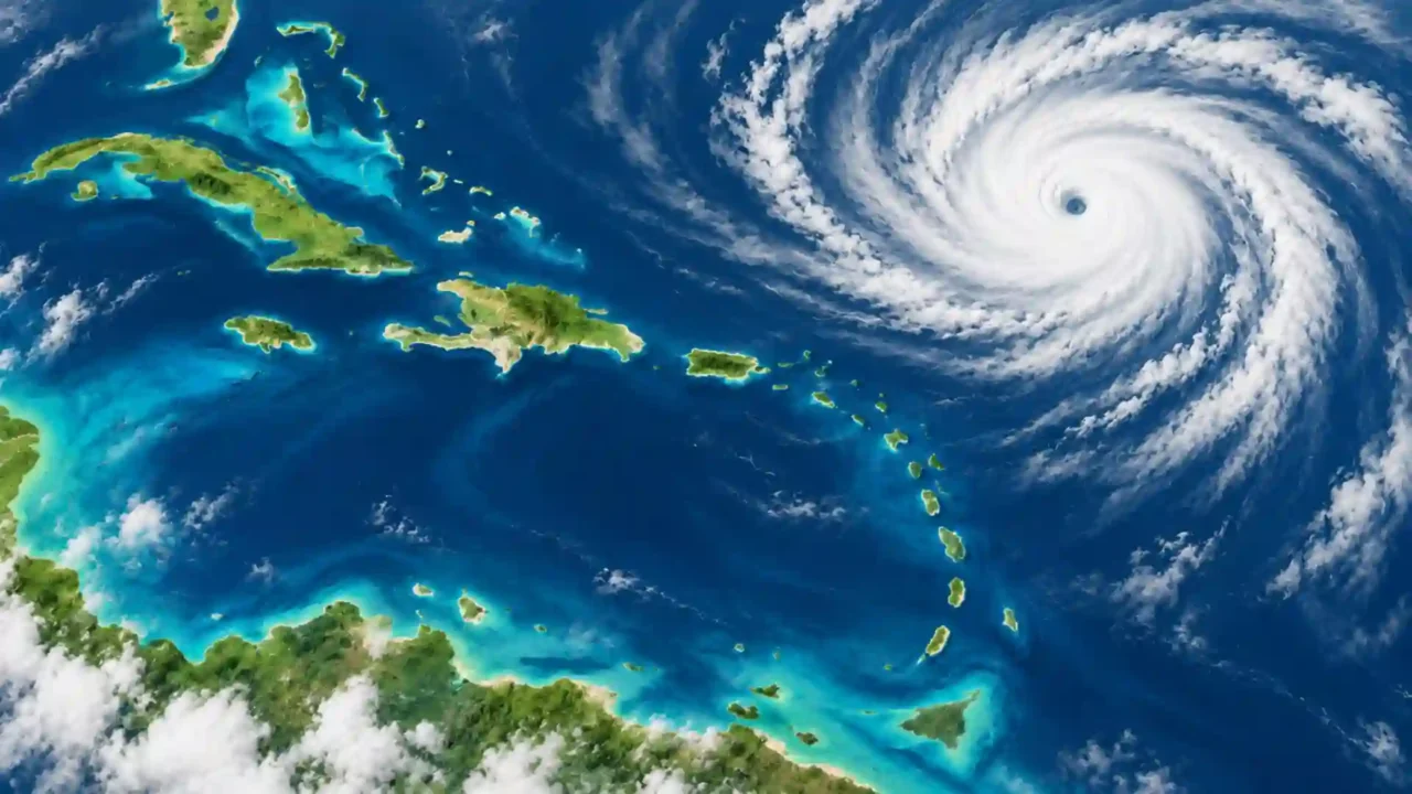Editorial illustration of a hurricane spiraling over the Caribbean Sea, with Caribbean islands beneath broad cloud bands.