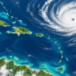 Editorial illustration of a hurricane spiraling over the Caribbean Sea, with Caribbean islands beneath broad cloud bands.