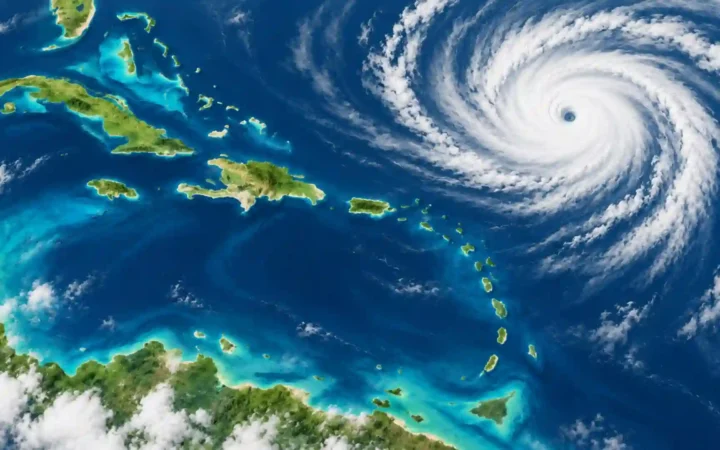 Editorial illustration of a hurricane spiraling over the Caribbean Sea, with Caribbean islands beneath broad cloud bands.