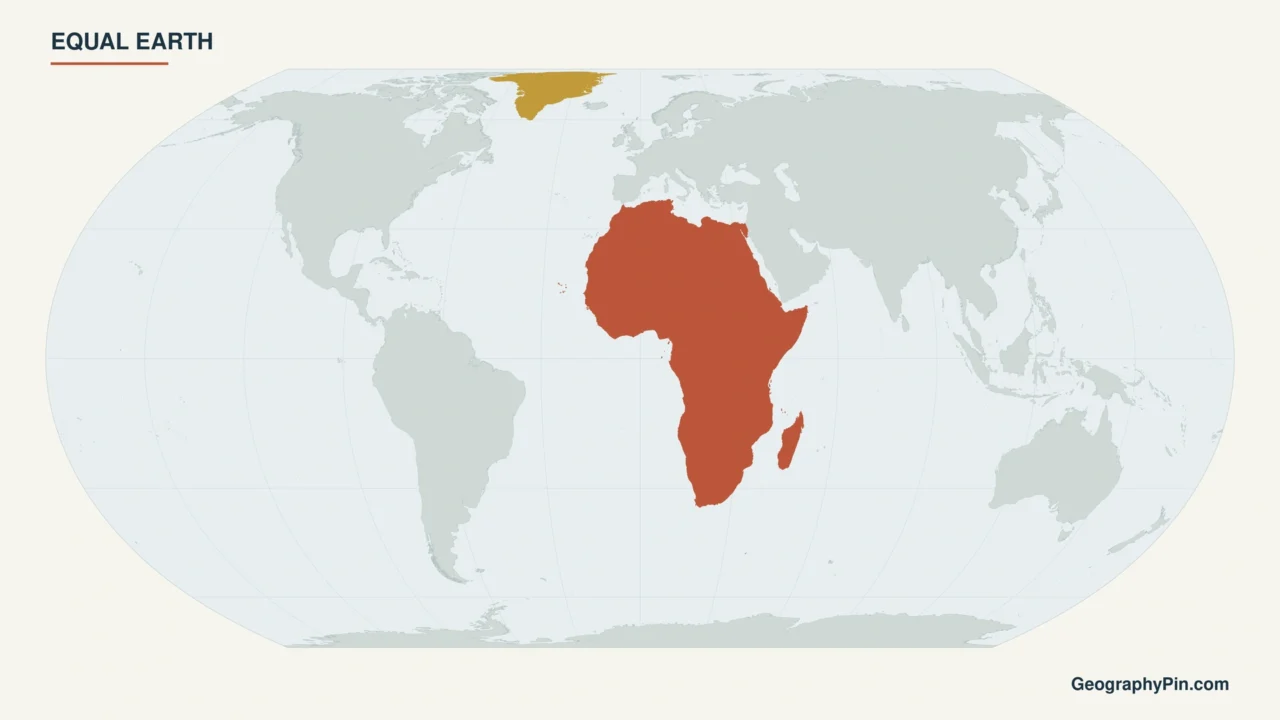 Equal Earth world map with Africa highlighted in terracotta and Greenland in gold against neutral land and pale blue oceans.