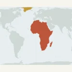Equal Earth world map with Africa highlighted in terracotta and Greenland in gold against neutral land and pale blue oceans.
