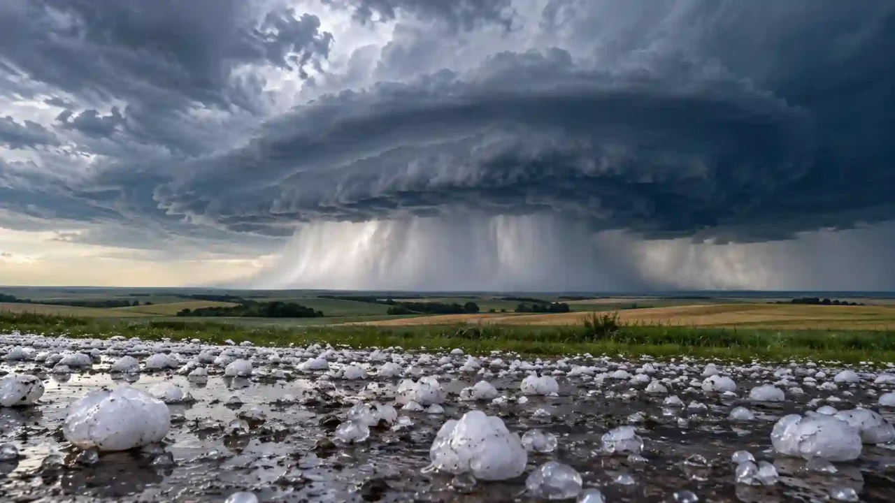 Large hailstones on a wet Great Plains landscape beneath a severe thunderstorm and a distant curtain of hail.