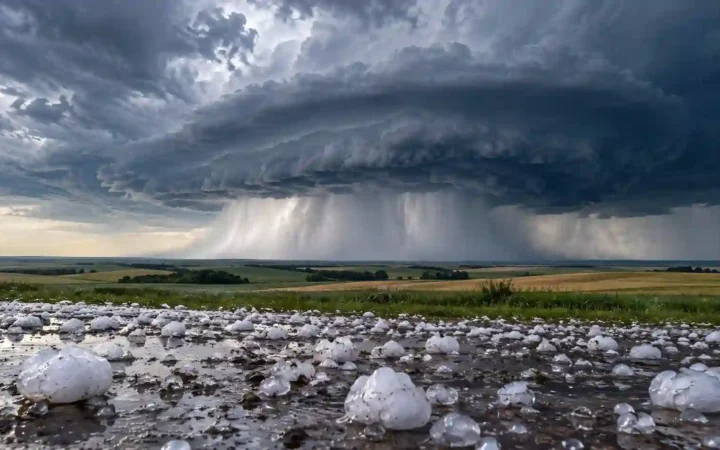 Large hailstones on a wet Great Plains landscape beneath a severe thunderstorm and a distant curtain of hail.