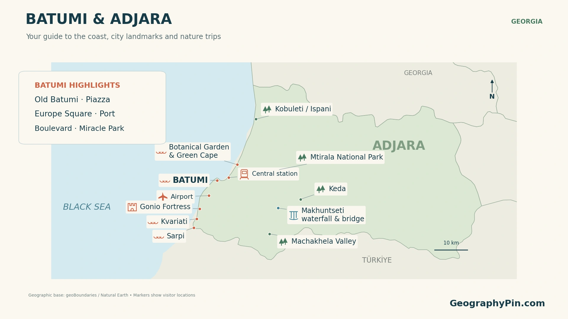 Map of Batumi and Adjara showing coastal stops, transport hubs, the Botanical Garden, Mtirala, Makhuntseti, Keda and Machakhela Valley.